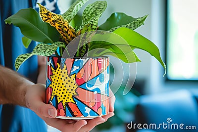 individual holding a pop art styled plant pot with a comic burst design Stock Photo