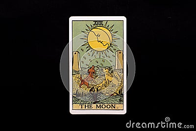 An individual major arcana tarot card isolated on black background. The Moon. Stock Photo