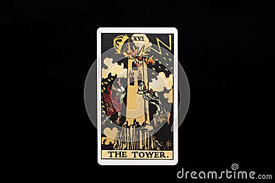 An individual major arcana tarot card isolated on black background. The Tower. Stock Photo