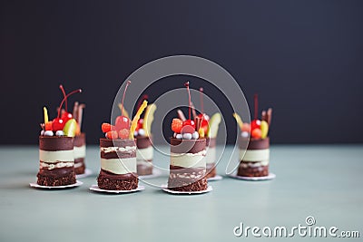 individual mini black forest cakes in a row Stock Photo