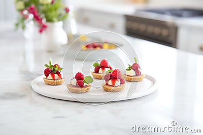 individual mini raspberry tarts on a marble countertop Stock Photo