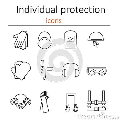 Individual protection. Set of icons of personal protective equipment in construction. Vector Illustration