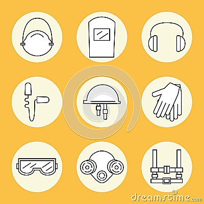 Individual protection. Set of icons of personal protective equipment in construction. Vector Illustration