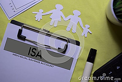 Individual Savings Account ISA text on Document form isolated on office desk. Stock Photo