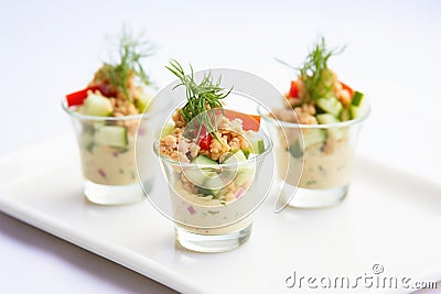 individual servings of chickpea salad in small cups Stock Photo