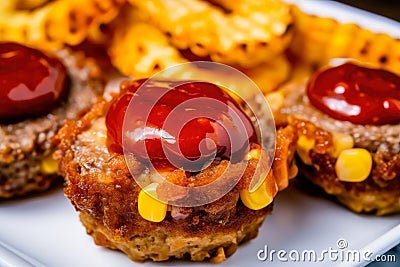 Individual servings of mini meatloaf topped with tangy BBQ sauce, served with crispy onion rings and sweet corn Stock Photo