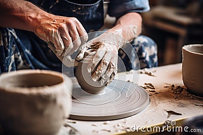 An individual skillfully shapes a vase by hand on a pottery wheel, showcasing the meticulous process of creating ceramics, potter Stock Photo