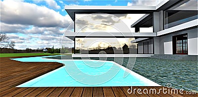 Individually shaped swimming pool with daylight lighting in the courtyard of an elite private house. Wooden flooring along the Stock Photo
