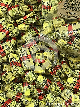 Individually Wrapped Mary Jane Penny Candy for sale at a General Store Editorial Stock Photo