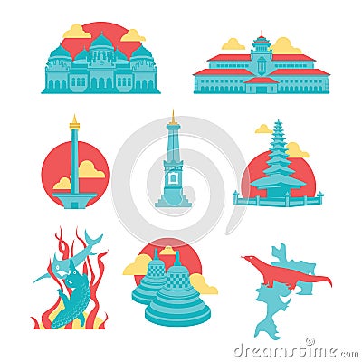 Indonesia Famous Landmark Icons Vector Illustration