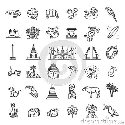 Indonesia icons set. Attractions, line design. Tourism in Indonesia, isolated vector illustration. Traditional symbols Vector Illustration