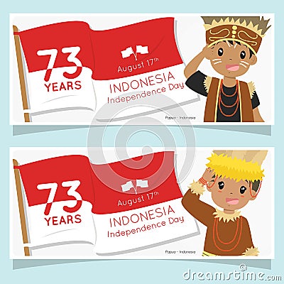 Indonesia Independence Day Banner, Papua Children Saluting Flag. Cartoon Vector Design Vector Illustration