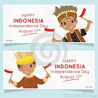 Indonesia Independence Day Banner. West Papua Holding Flags. Cartoon Vector Design Vector Illustration