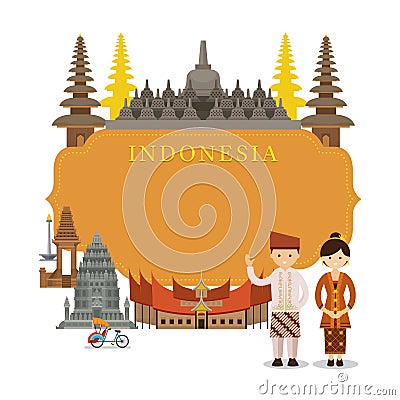 Indonesia Landmarks, People in Traditional Clothing, Frame Vector Illustration