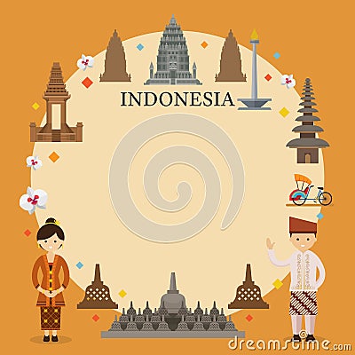 Indonesia Landmarks, People in Traditional Clothing, Frame Vector Illustration