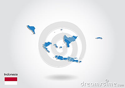 Indonesia map design with 3D style. Blue Indonesia map and National flag. Simple vector map with contour, shape, outline, on white Vector Illustration