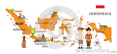 Indonesia Map and Landmarks with People in Traditional Clothing Vector Illustration