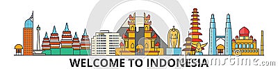 Indonesia outline skyline, indonesian flat thin line icons, landmarks, illustrations. Indonesia cityscape, indonesian Vector Illustration