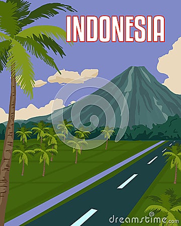 Indonesia travel poster with volcano mountain, paddy field, and coconut palm tree illustration, vintage retro style Cartoon Illustration