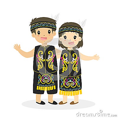 Kids in Dayak Traditional Dress Cartoon Vector Vector Illustration