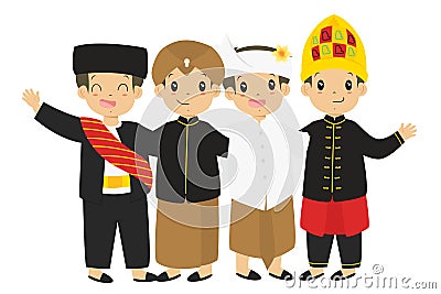 Indonesian Boys Wearing Traditional Dress Cartoon Vector Vector Illustration