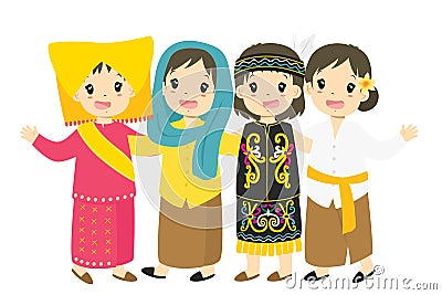 Indonesian Girls Wearing Traditional Dress Cartoon Vector Vector Illustration