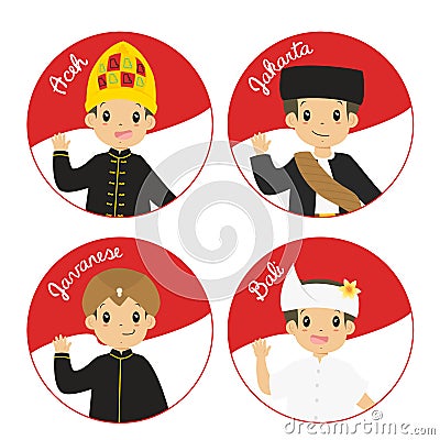 Indonesian Children in Traditional Dress Cartoon Vector Vector Illustration