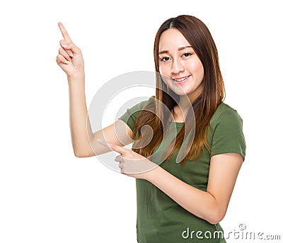 Indonesian Chinese mixed woman with two finger point up Stock Photo