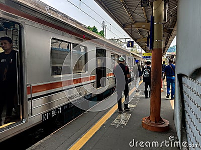 indonesian commuter line train at the platform Editorial Stock Photo
