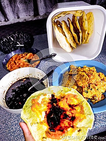 Indonesian food : karupuak sate and tempe mendoan Stock Photo