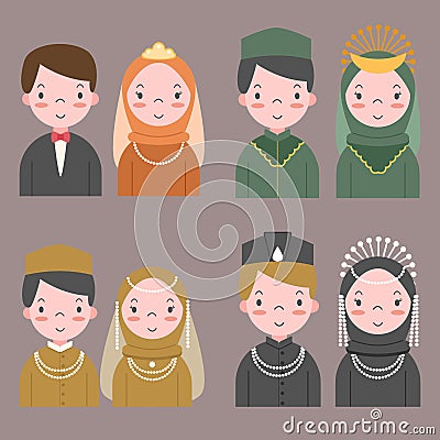 Indonesian muslim wedding couple avatar collection Vector Illustration