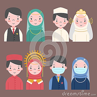 Indonesian muslim wedding couple illustration Vector Illustration