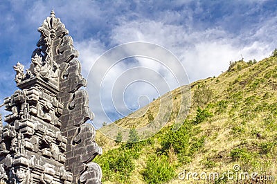 Indonesian shrine. Religious buildings made of volcanic stone. Bali Island, Mount Batur Stock Photo