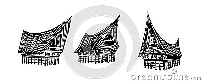Indonesian traditional Batak house set. Hand drawn outline sketch. Vector black ink drawing isolated on white background. Graphic Vector Illustration