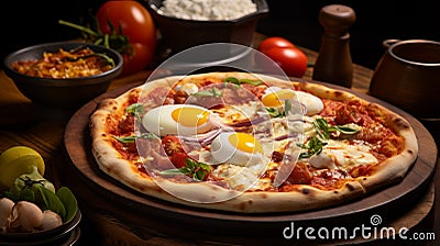Delicious Pizza With Fried Eggs And Tomato On A Wooden Platter Stock Photo