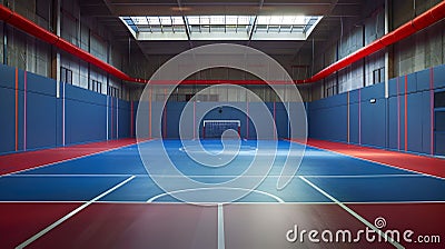 Indoor Basketball Court with Blue Ceilings and Red Walls in 32k UHD Stock Photo