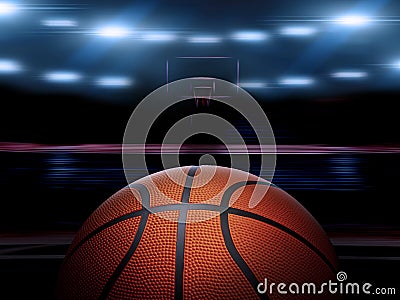 An indoor basketball court with an orange ball on an unmarked wooden floor under illuminated floodlights Stock Photo