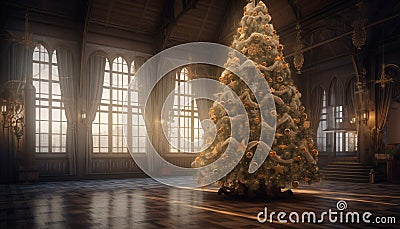 Indoor celebration Christmas tree, illuminated window, Christmas lights, decoration generated by AI Stock Photo