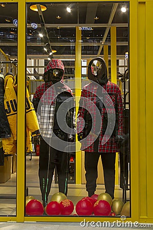 Indoor clothing showcase decoration in a mall. Editorial Stock Photo
