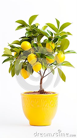 indoor gardening with this delightful pot featuring a baby lemon tree isolated against a crisp white background. Stock Photo