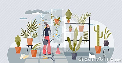 Indoor gardening and flower plant growing as green hobby tiny person concept Vector Illustration