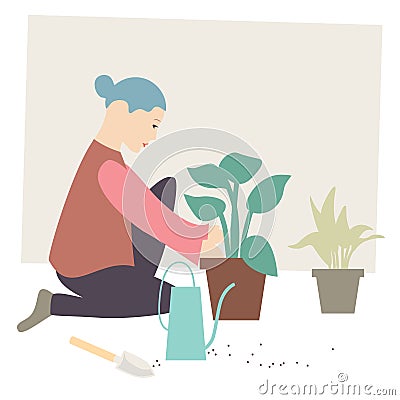 Indoor gardening woman with plants Cartoon Illustration