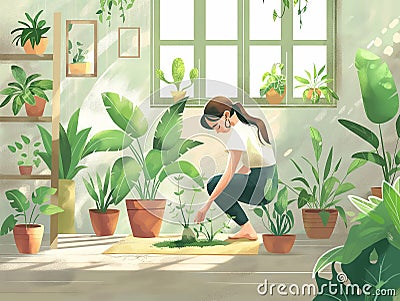 Indoor Gardening - Woman Tending Plants at Home Stock Photo