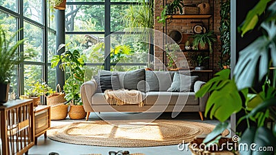 Indoor greenery, natural light, and earthy tones cultivate a tranquil home atmosphere Stock Photo