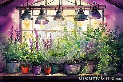 Indoor herb garden with grow lights self care background Stock Photo