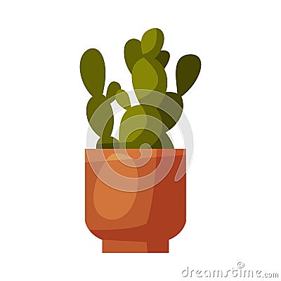 Indoor Houseplant in Clay Pot, Green Potted Prickly Pear Flower for Interior Decoration Vector Illustration on White Vector Illustration