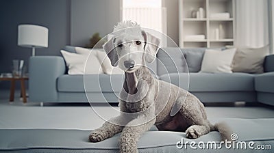 Indoor living meets canine charm: Bedlington Terrier's love for modern apartment life. Stock Photo