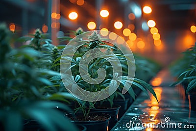 Indoor Marijuana plants growing under special lighting in grow room Stock Photo