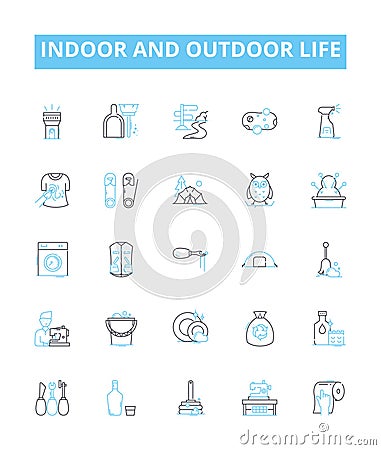 Indoor and outdoor life vector line icons set. Indoors, Outdoors, Habitat, Lifestyle, Dwelling, Recreation, Environment Cartoon Illustration