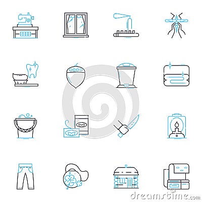 Indoor and outdoor living linear icons set. Cozy, Spacious, Serene, Bright, Rustic, Natural, Social line vector and Vector Illustration